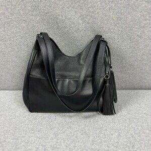 S-Zone Womens Large Black Pebbled Leather Hobo Shoulder Bag Tassel Zip